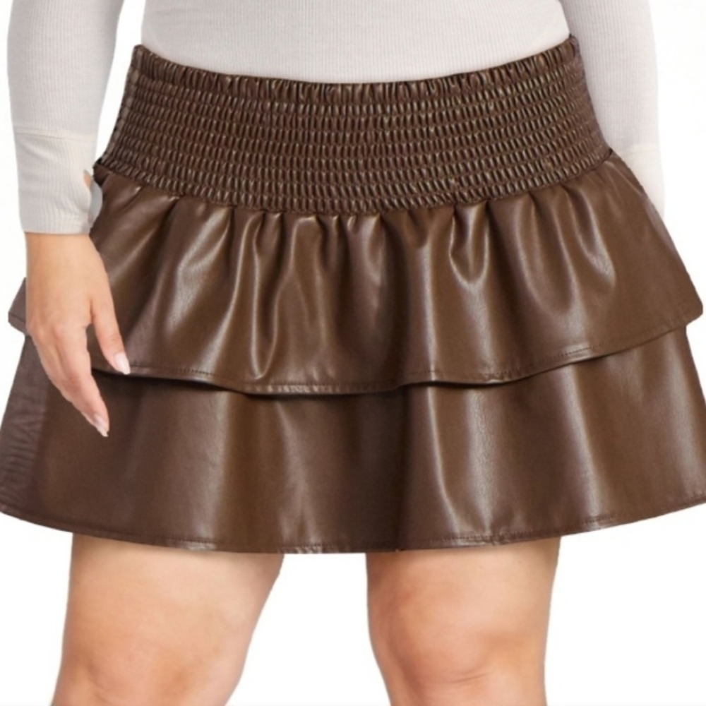 No Boundaries Brown Faux Leather Tiered Mini Skirt - Picture 6 of 7